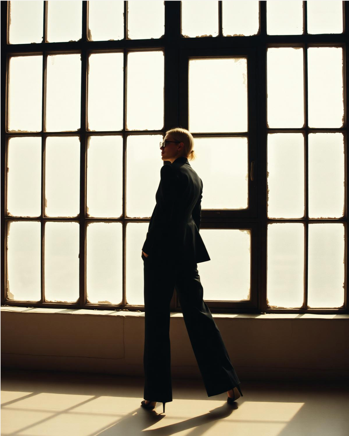 Editorial shot of a model silhouetted against factory windows